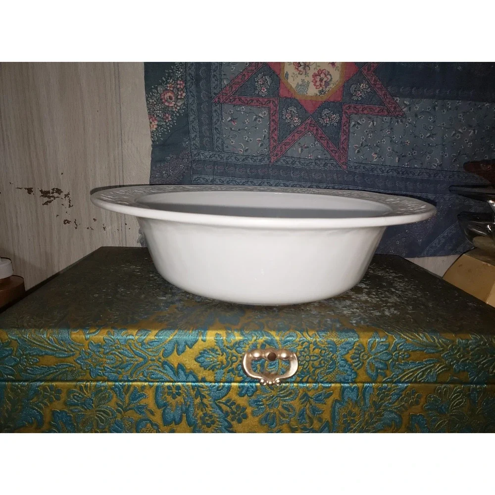 Vintage 1930's Anchor Hocking Milk Glass Derving Bowl With Embossed Floral Rim